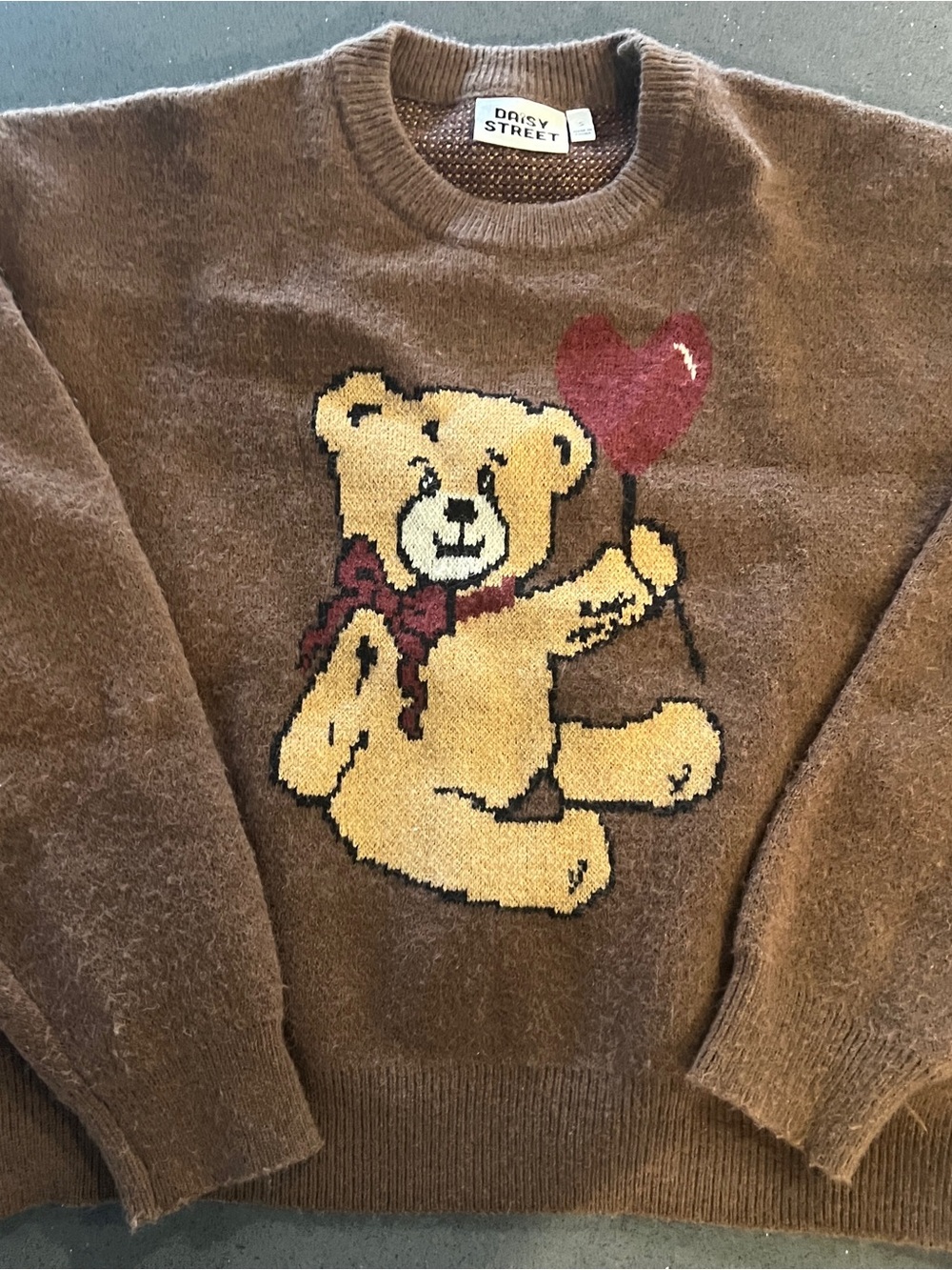 Daisy Brown Teddy Bear Crewneck Sweater with Red Heart